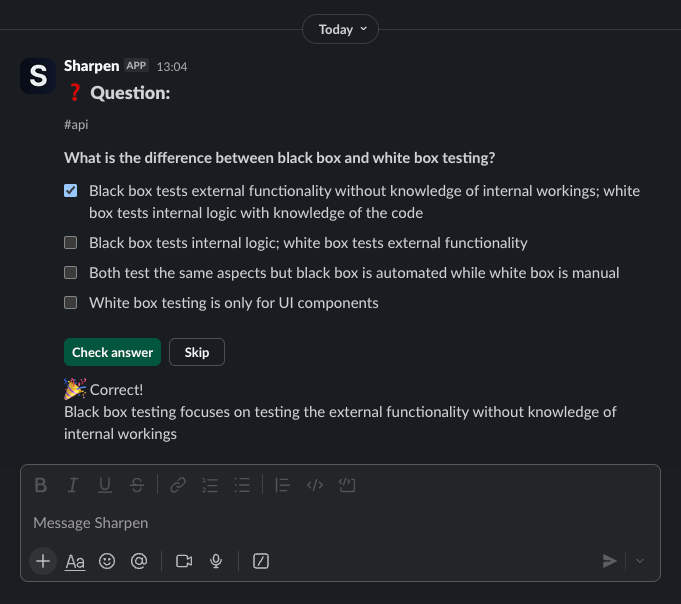 Sharpen Slack message example